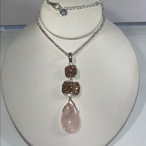 NWOT Brand B Pink Druzy Rose Quartz Sterling Silver Pendant Necklace